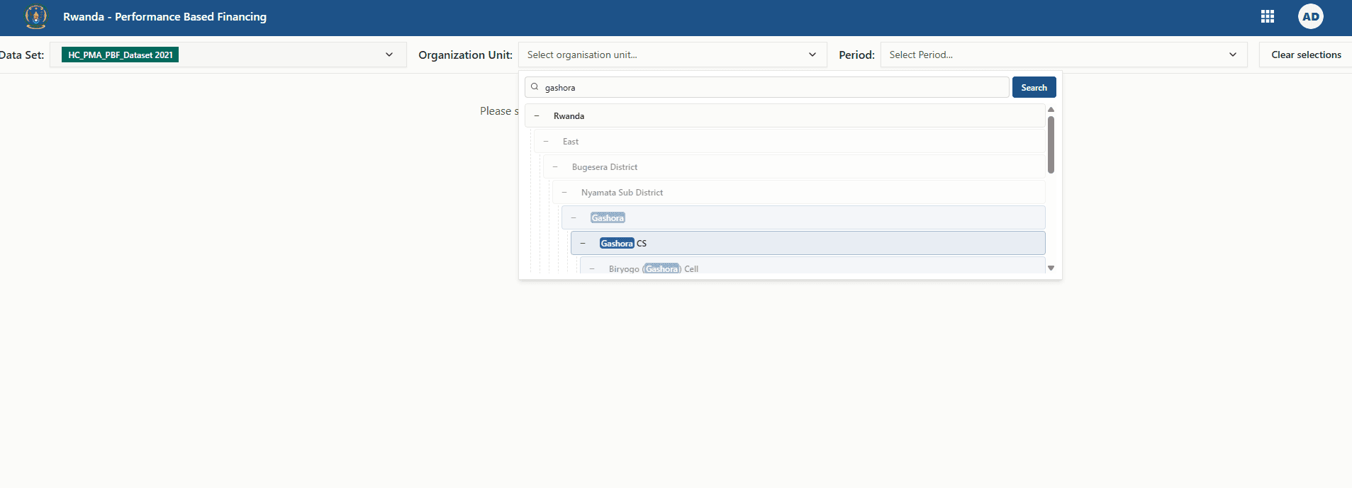 Quality score entry organisation unit selector with search results