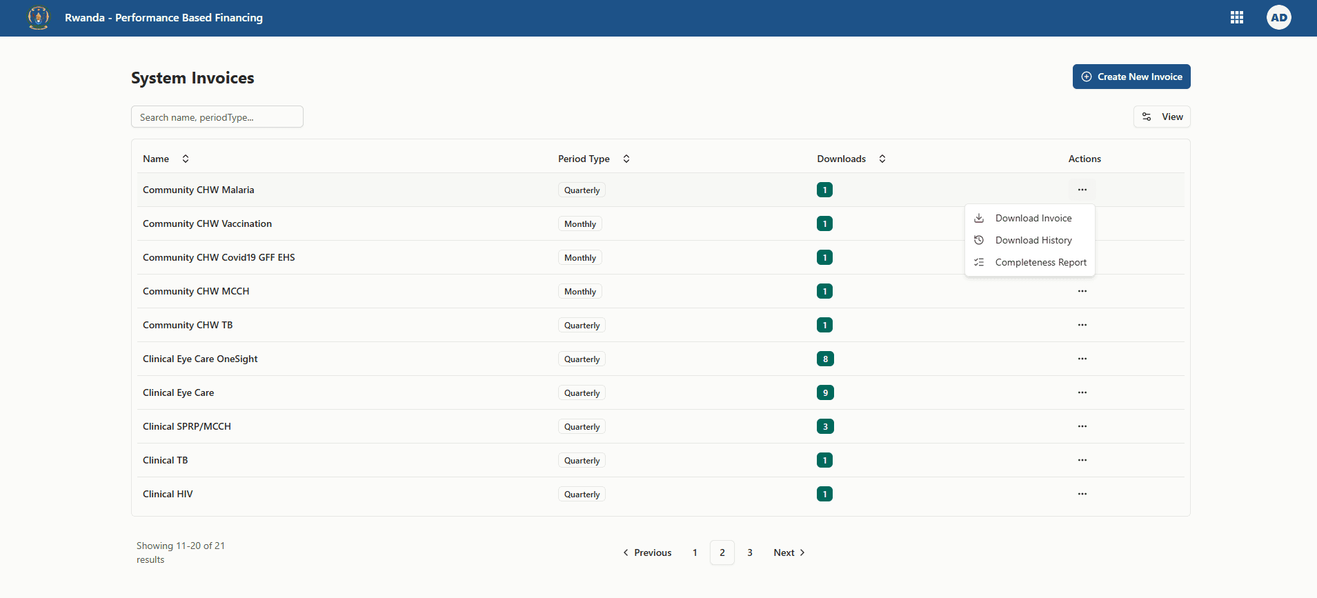 Invoices actions menu with preview history completeness options