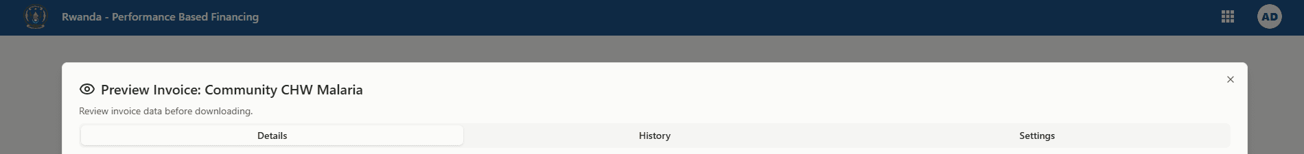 Invoice dialog with tabs for details history and settings