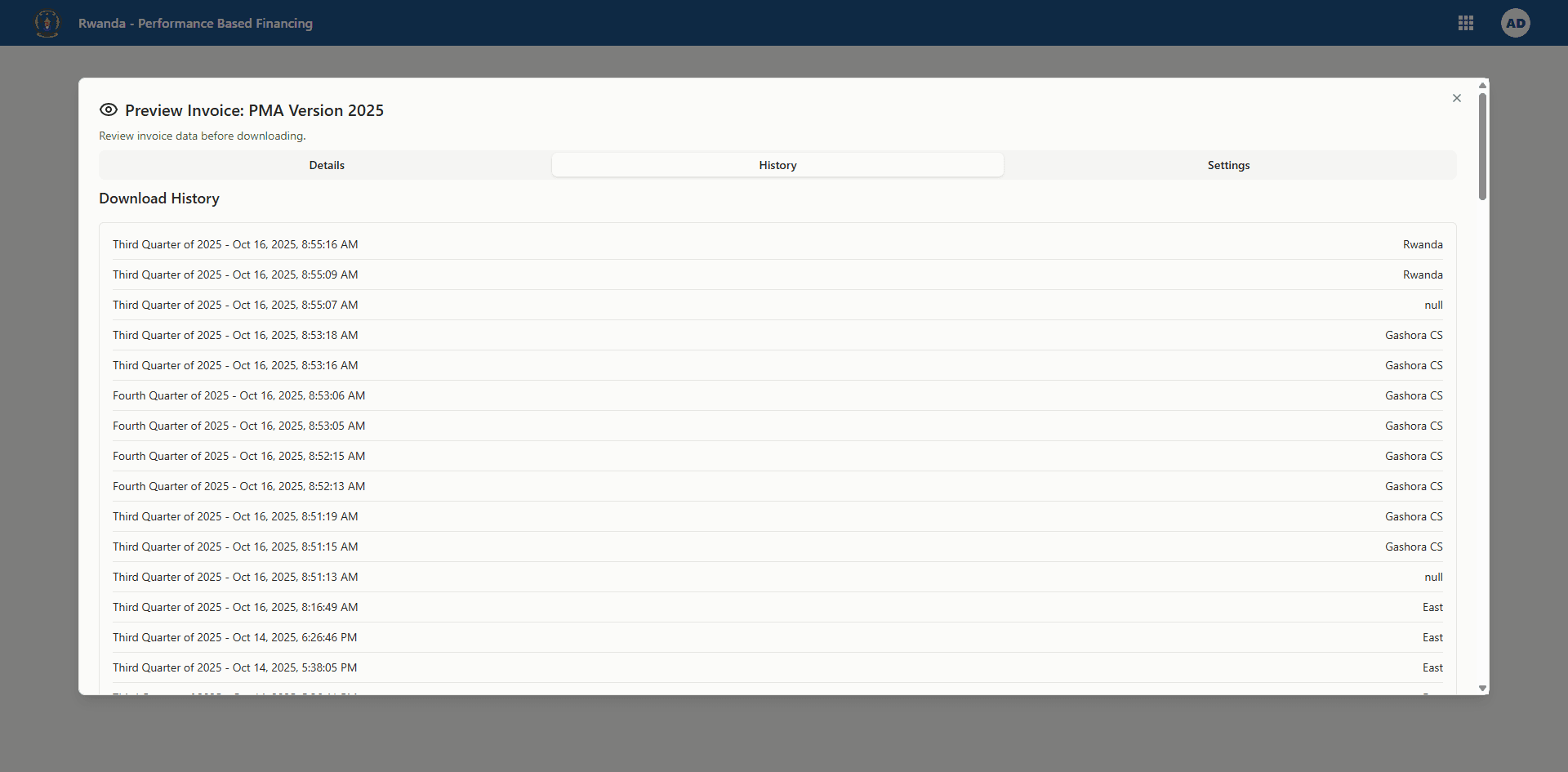 Invoice history tab listing previous downloads