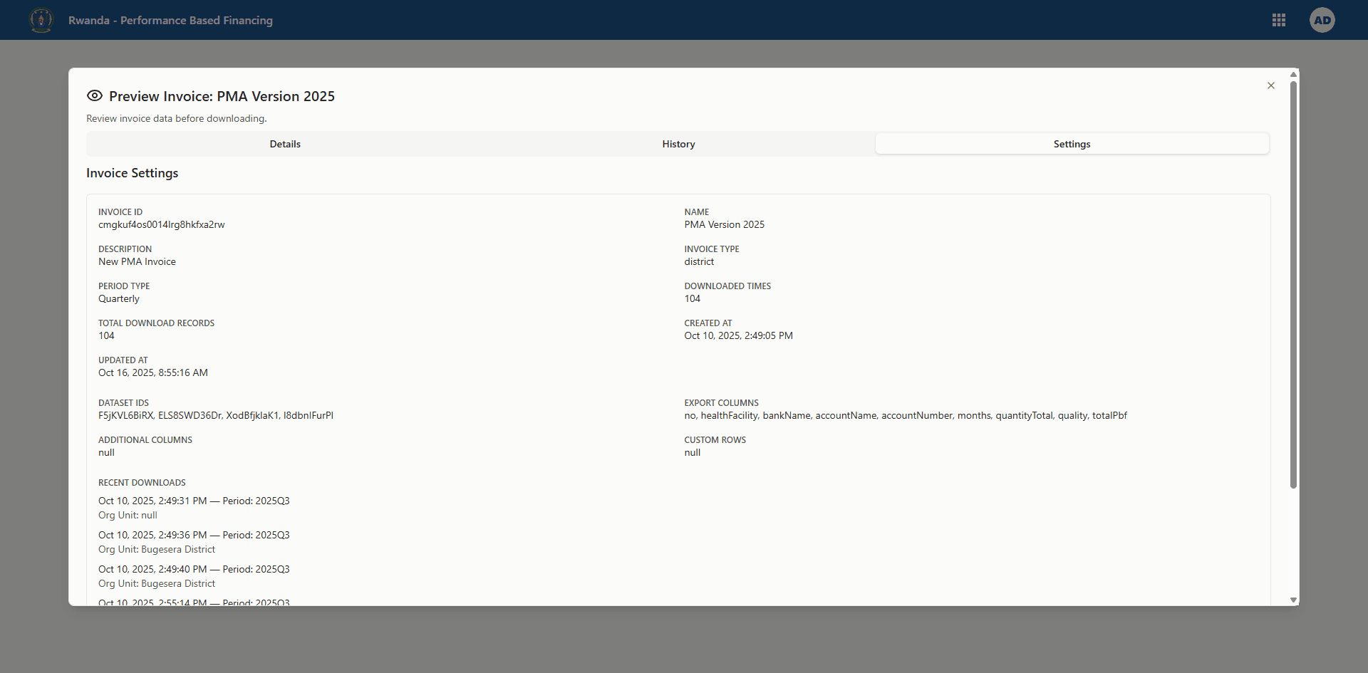 Invoice settings tab summarising template configuration