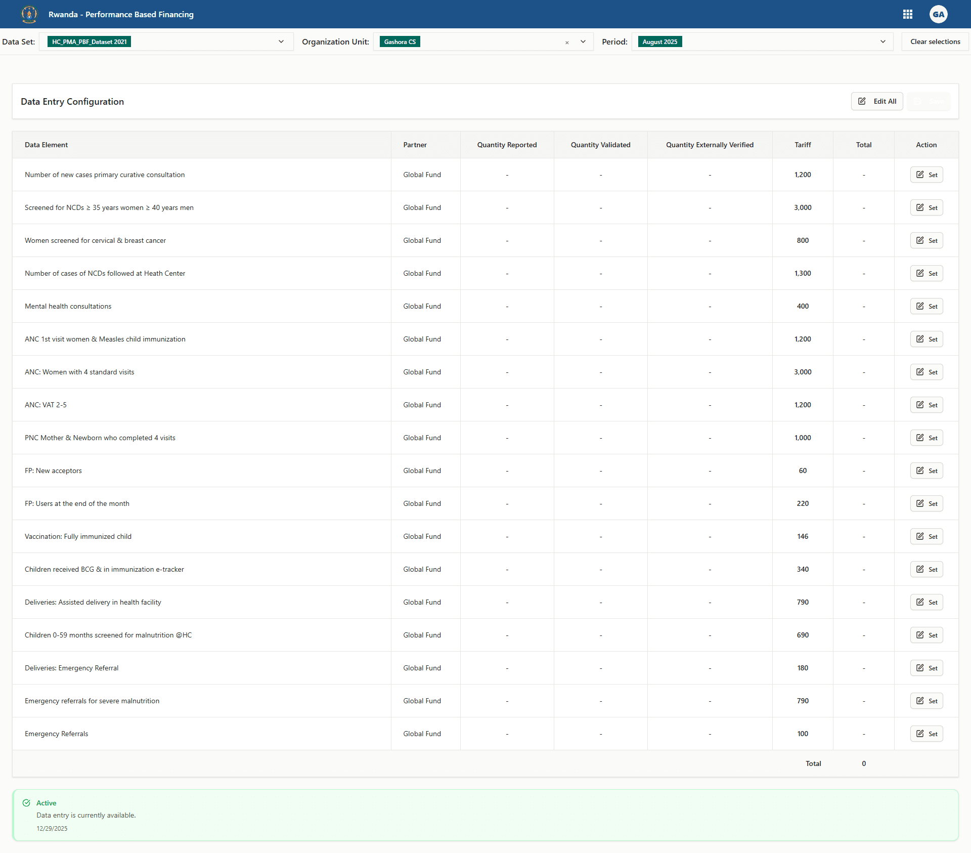 Data Entry workspace with every selector completed