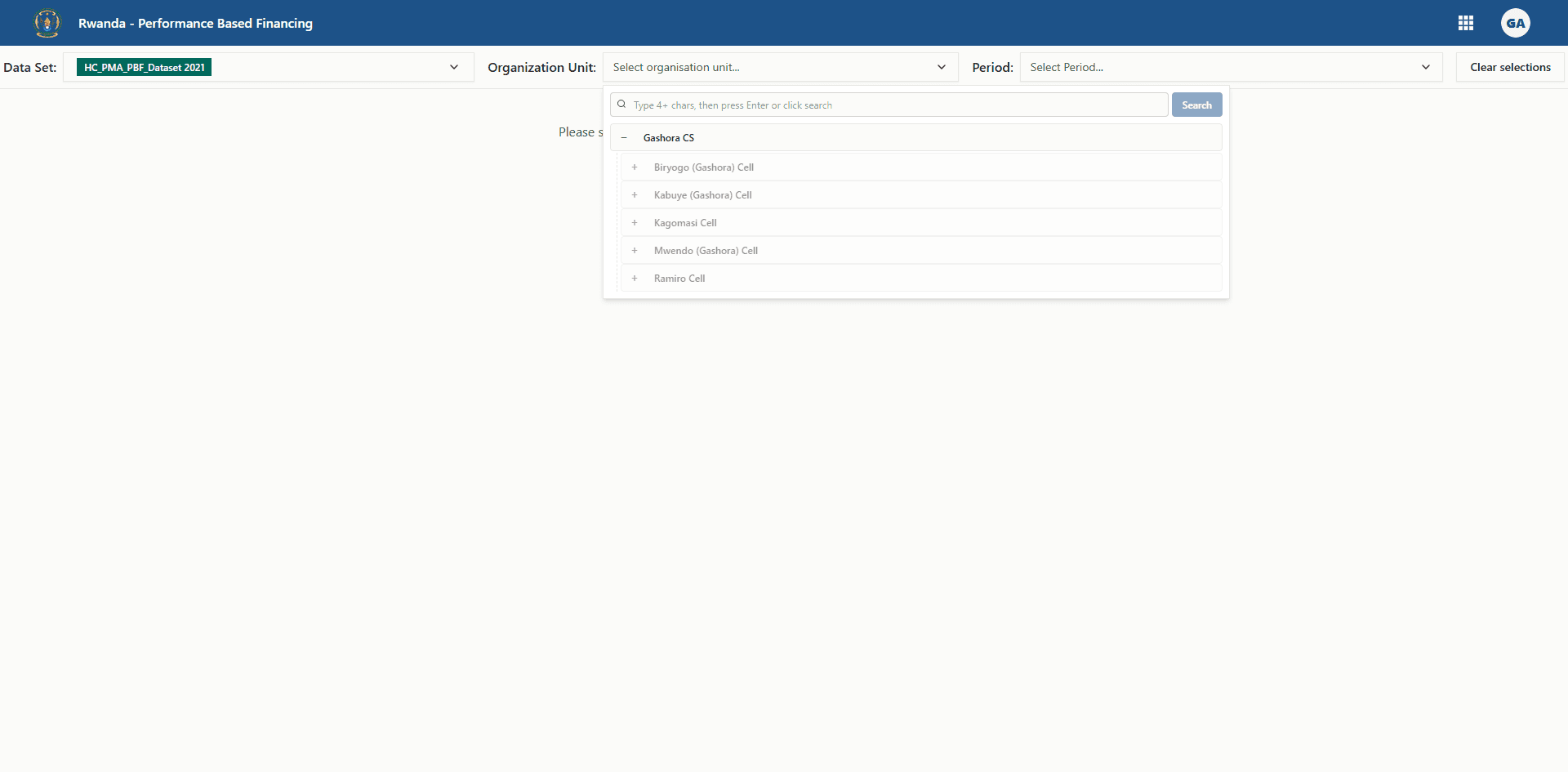 Dataset selected, waiting for an organisation unit