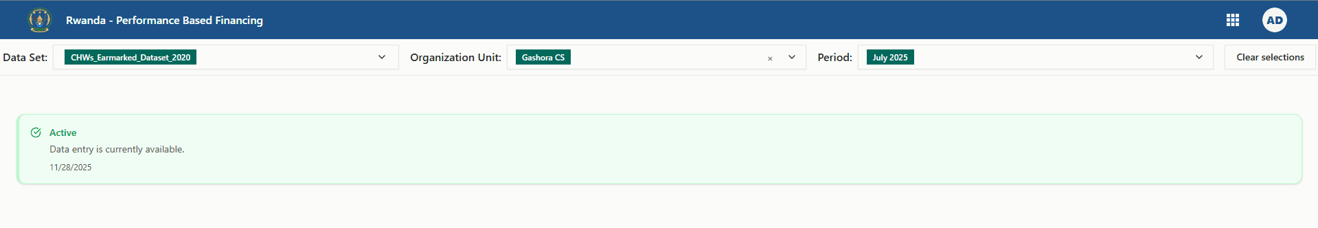 Shared dataset organisation unit and period selectors highlighted