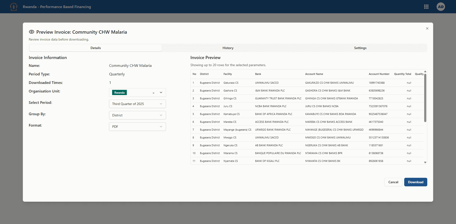 Invoice details tab showing metadata selectors and summary cards
