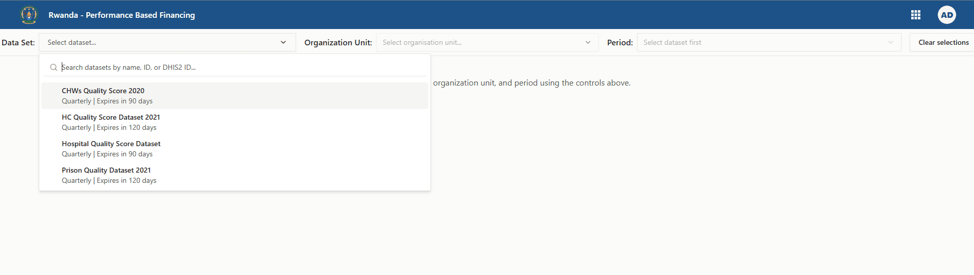 Quality score entry dataset selector open with quality datasets listed